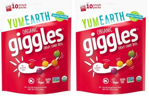 Image of YumEarth Organic Fruit Flavored Giggles Chewy Candy Bites, 10-0.5 oz. Snack Packs, Allergy Friendly, Gluten Free, Non-GMO, Vegan, No Artificial Flavors or Dyes (Pack of 2)
