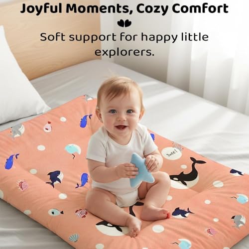 Image of StarAndDaisy Newborn Baby Bedding Nest 100% Cotton Cushioned Mattress Sheet with 2 Side Bolster Pillows & 1 Head Pillow Breathable & Soft Boys & Girl Design Shark Print