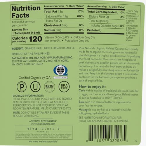 Image of Viva Naturals Refined Coconut Oil - Expeller-Pressed Bulk Organic Coconut Oil for Cooking and Baking with Neutral Flavor & Aroma - USDA Organic Certified Hair Oil and Skin Moisturizer, 128 fl oz (1 Gallon)