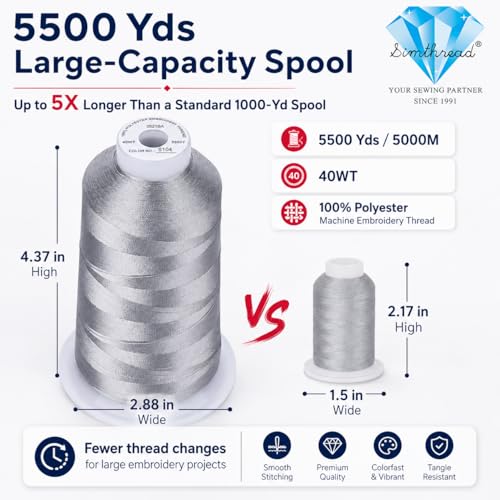 Image of Simthread 5000M 40WT Polyester Embroidery Thread, Weathered Gray S104 | 5000M 40WT polyester thread feeds smoothly for machine embroidery, monograms, logos, patches and quilting.