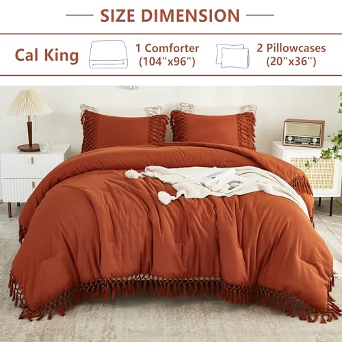 Image of Andency Burnt Orange Comforter Set California King, 3 Pieces Boho Cal King Tassel Lightweight Soft Bedding Comforter Sets, Oversized Bed Set (104x96In Comforter & 2 Pillowcases)