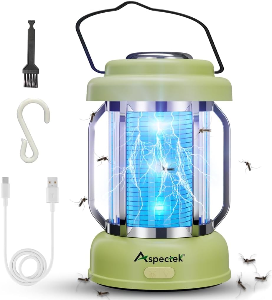 ASPECTEK 2-in-1 Portable Electric Bug Zapper and LED Lantern, IPX4 Weather-Resistant Mosquito Killer, Type-C Charging, Indoor and Outdoor Cordless Light for Camping, Patio and Garden - Green