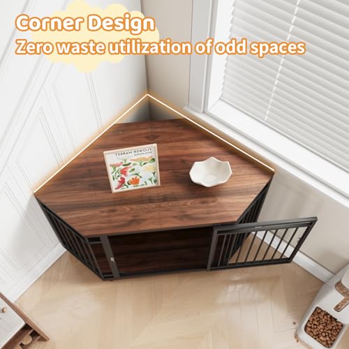 VOWNER Ecke Hundekäfig, Holz Hundebox mit abschließbarer Tür, Möbelstil Haustierbox für Zuhause, Leicht zu reinigen und platzsparende für kleine/mittlere Hunde, 110 X 66 X 60 cm, Dunkles Walnussholz