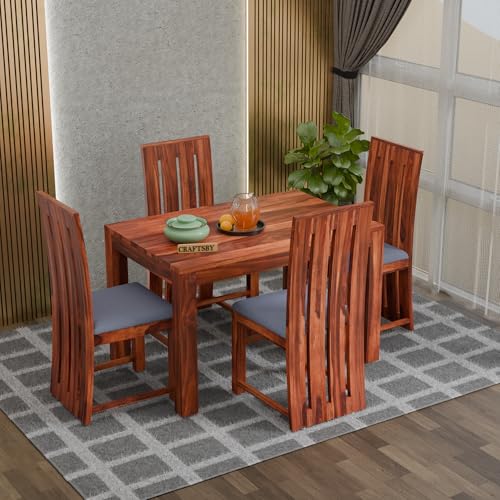 Image of 45 Inches Length Solid Sheesham Wood 4 Seater Dining Table Set | Four Seater Dinner Table with 4 Grey Cushions High Chairs| Dinning Table Set 4 Seater for Living Room| Honey Finish