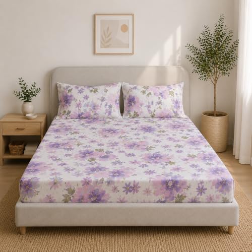 Image of Linen Home Cotton Percale Fitted Bedsheet Set Queen Size Floral Purple