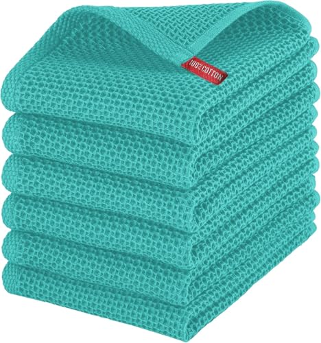 Image of Kitchen Cotton Lint Free Waffle Weave Hand Towels, Quick Drying Dish Cloths, Highly Absorbent Dish Rags Tea Towels Set with Hanging Loop, 13.4 inchx 13.4 inch (Teal Blue, Pack of 6)
