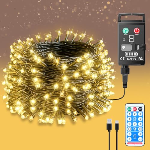 Guijiyi Guirlande Lumineuse à Pile Rechargeables Intérieur Extérieur LED 10M 100 LED avec Télécommande et Minuterie, 8 Modes d'Éclairage Étanche IP44 pour Décoration Maison, Noel, Jardin, Mariages