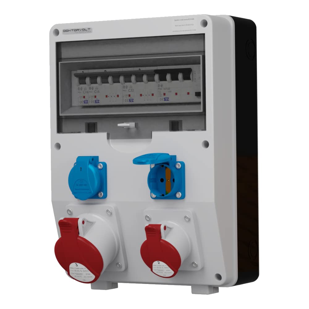 Doktorvolt Zuverlässiger Stromverteiler für Baustellen und Industrie, DV-S/FI 32A 16A 2x230V IP54 mit CEE-Steckdosen, FI-Schalter für maximale Sicherheit und Einfache Handhabung