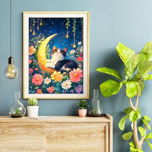 Image of SANYUN Cat Diamond Art Kits for Adults,Diamond Painting Kits for Beginners Flowers & Moon,5D DIY Round Diamond Dot Painting with Tools for Holiday Gift and Home Decor(12x16inch)