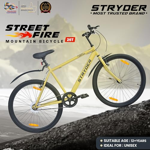 Image of Stryder 26T Street Fire SS (Single Speed) Mountain Cycle - V Brakes| Rigid Suspension| Durable Frame| Adjustable Seat for Ages 12+ (Unisex) (Desert::Strom)