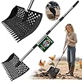 12-Inch 2-in-1 Chicken Poop Scooper & Rake – US Patent Pending – 3-Shape Sifting Holes Chicken Coop Rake?Stainless Steel Handle ?20–61"?– Litter Scoop Sand & Sifting Shovel for Chicken Coops (Black)