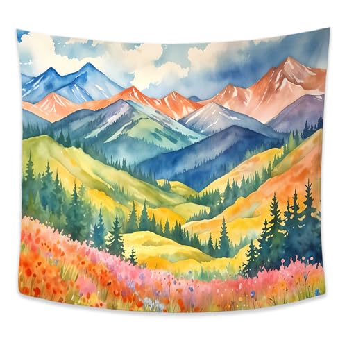Exqcom Maximalist Mountain Floral Tapestry, Mountain Wall Decor, Colorful Abstract Nature Scenic Wildflowers Tapestries Wall Blanket for Home Bedroom Living Room Decor, 50x60 Inch
