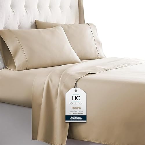 HC COLLECTION Bed Sheets Set Queen with 2 Pillowcases, Hotel Luxury Platinum 1800 Series Brushed Microfiber Deep Pocket Fitted Sheet, Fade Resistant Ultra Soft 4 Pcs Bedding for Hot Sleepers, Taupe
