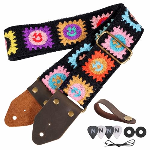Image of Nefelibata Guitar Strap,Jacquard Embroidery Cotton Guitar Straps with Crazy Horse Leather Ends for Bass, Electric & Acoustic, Best Gifts for Kids, Guitarists(Smiling Black Embroidery)