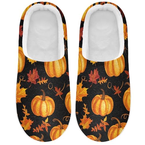 Autumn Pumpkin Fall Maple Leaf Thanksgiving Mens House Cotton Slipper Comfort Memory Foam Home Slippers for Hospital Christmas Presents 6-7
