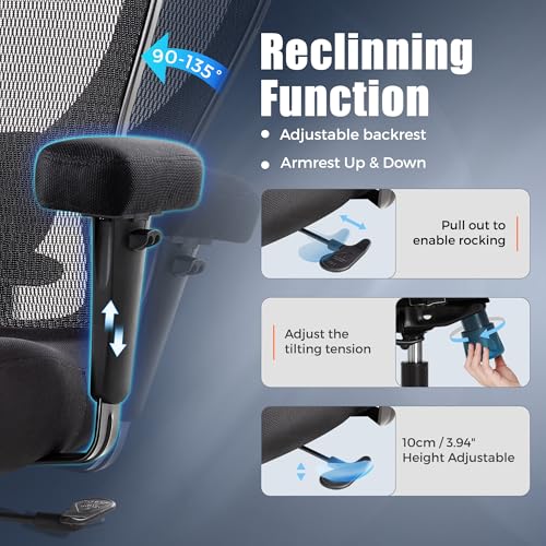 IWMH Chaise de Bureau Ergonomique 200kg, Grande Fauteuil de Bureau en Maille Haute, Chaise de Bureau avec Siège Large, Hauteur Réglable, Support Lombaire Réglable et Accoudoirs 4D – vue 7