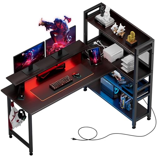 GTPLAYER ゲーミングデスク l字 コンセント/棚/モニター台/led付き...