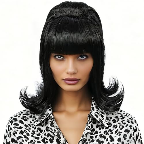 Image of Linfairy 1 Pc Retro Short Black Wig Big Bouffant Beehive Wigs for Women fits 50s 80s Costume