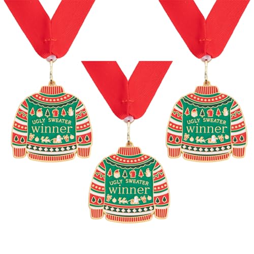 Jocomoni 3PCS Christmas Ugly Sweater Medal Award Contest Medals with Neck Ribbon Christmas Tree Ornament Contest Prizes for Ugly Sweater Contest Party Xmas Party Supplies