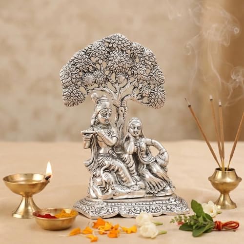 Image of KridayKraft Metal Radha Krishna Idol with Under Tree Decorative Showpiece Statue for Puja Room Home Office Desk Gift Items Ornate Metal Sculpture of Hindu Deities, 18 cm Height Silver