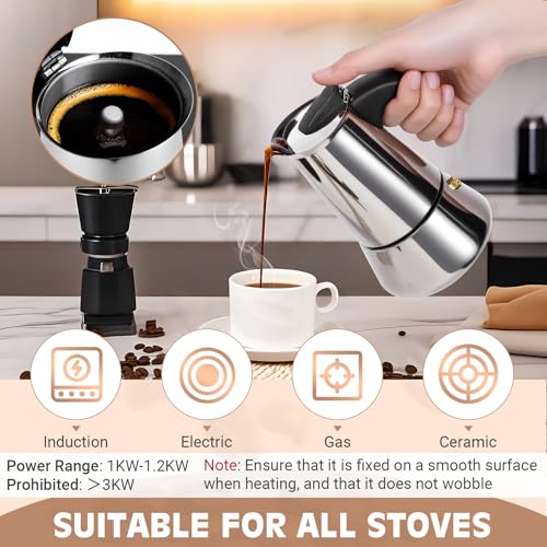 Image of Moka Pot, 4 Cups (7.1 oz) Stovetop Espresso Maker, 304 Stainless Steel Moka Pot, Induction Compatible, Silver