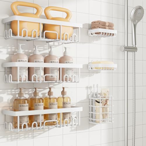 Image of Veken 6-Pack Rustproof&Waterproof Shower Caddy, Adhesive Shelves Rack with Soap Holder, Large Bathroom & Washroom Organizer, No Drilling Wall-Mounted Kitchen&Home Decor,Ideal for Bathtub Storage,White
