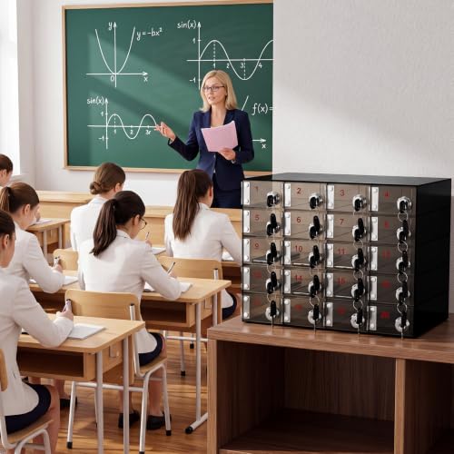 Image of Layhit 20 Slots Cell Phone Locker Box for Classroom Black Acrylic Cell Phone Storage Cabinet Bin with Door Locks for Classroom School Students Office Factory Employees