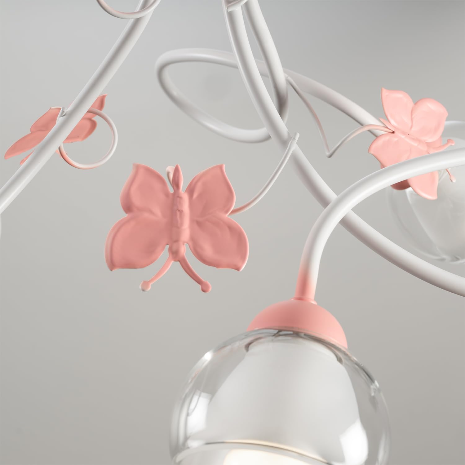 ONLI Lampadario 3 luci cameretta in Metallo Bianco con Farfalle dipinte in Rosa