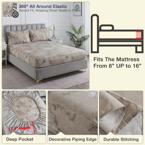 Image of Dark Beige Vintage Floral Percale Bed Sheets King Size Deep Pocket | 100% Cotton Brown Flower Farmhouse Sheets, Neutral Patterned Toile Sheet Set, Cottage Core Bedding, Shabby Chic, Crisp, 4Pcs