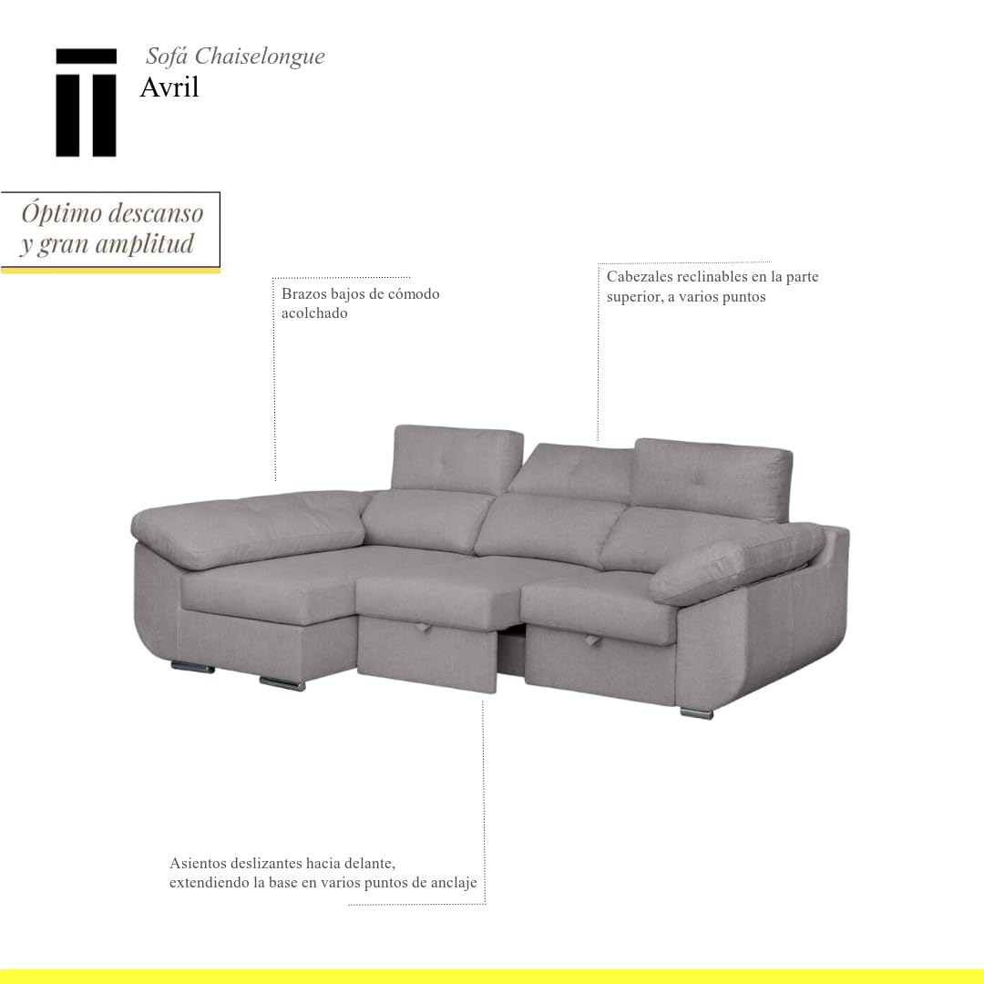 SHIITO | Modelo Avril - Sofá 3 Plazas Izquierda con Chaiselongue y Asientos Deslizantes | Diseño Moderno y Sofisticado | 280 x 150 x 100 cm - Color Ceniza