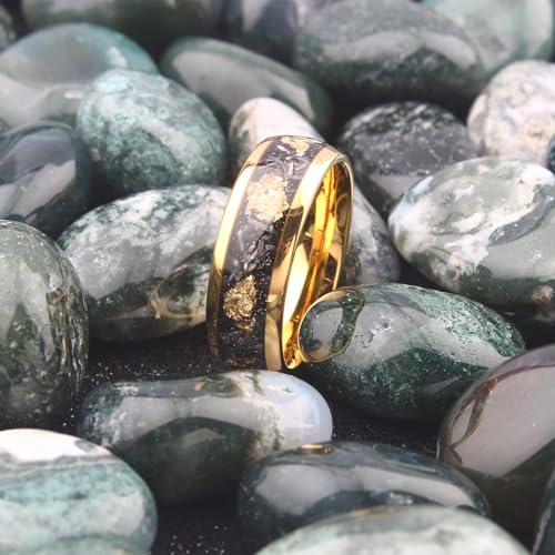 Meteorite Gold Leaf Flakes Wedding Bands Ring 18K Yellow Gold Tungsten Ring Inlay Crushed Meteorite Gold Men Women Wedding Bands Ring Size 7-134