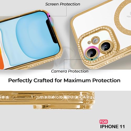 Image of AESTMO Back Cover for iPhone 11 Compatible with MagSafe | Diamond Glitter Case | Luxury Bling Rhinestone Soft Clear TPU Bumper | Camera Lens Protection Cover for iPhone 11 (Gold)