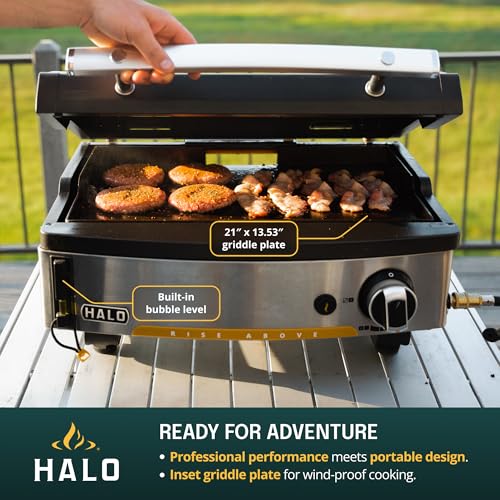 Image of HALO Elite1B Outdoor Griddle | 2 Cooking Zones | 284sq. In. (21″ x 13.53″) Wind-Proof Cooking Surface | Portable Flat Top for Camping, Tailgates, and Patios | Propane Gas Grill | HZ-1007-ANA