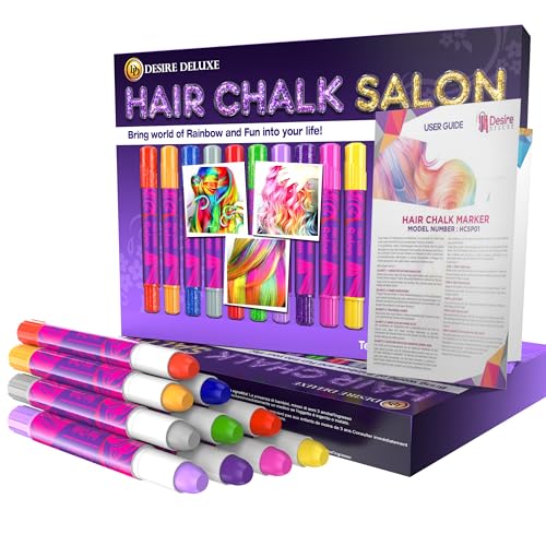 Desire Deluxe Hair Chalk Gift for Girls - 10 Temporary Non-Toxic Easy Washable Hair Dye Colourful, Metallic, Glitter Pens - Great Games Birthday Girls
