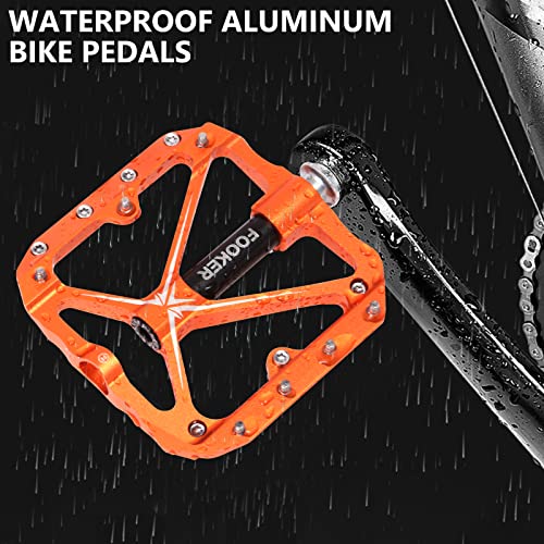 Fooker Mountain Bike Pedals Non-Slip Bike Pedals Platform Bicycle Flat Alloy Pedals 9/16 Needle Roller Bearing (Orange Black Needle Roller Bearing) #TOP5
