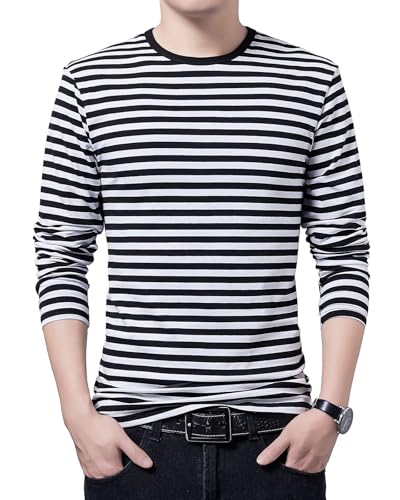 SHUIANGRAN Men's Striped T-Shirt Sport Cotton Shirts Classic Fit Casual Pullover Long/Short Sleeve Crew Neck Striped Shirts