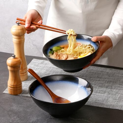 NUTRIUPS 2 x 1200ml Ramenschüssel aus Keramik mit Essstäbchen und Löffeln, 20cm Bowl Schüssel Suppenschüssel Groß，Katzenauge blau – Ansicht 5