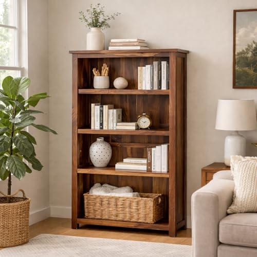 Image of ANGEL FURNITURE Solid Sheesham Wood Antonio Large Bookshelf Large, Honey Finish, Semi-Gloss, 90x30x135CM