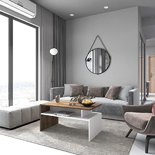 Ada Coffee Table - with Shelves - Living Room - White, Walnut Wood, 90 X 50 X 43 cm