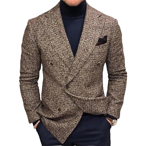Thatrich Mens Blazer Vintage Herringbone Tweed Blazer Casual Business Jacket Two Button Cardigan Formal Jackets for Work Coat