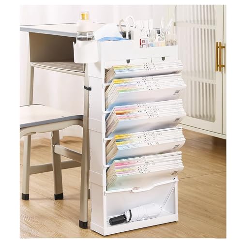 NUODWELL Mobile Bookshelf with Wheels, 7 Tiers Foldable Bookshelf Cart, Plastic Multifunctional Removable Deskside Bookcase for Classroom, Bedroom and Living Room (White)