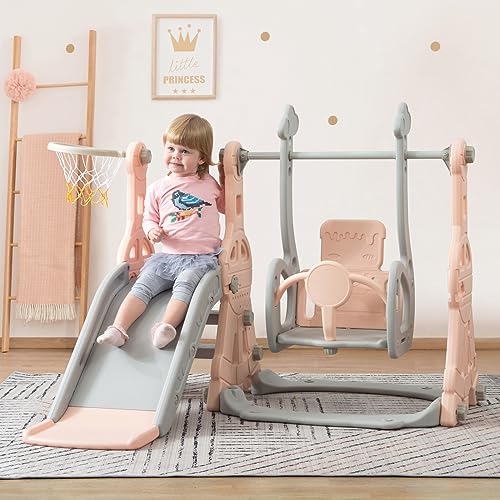 Schaukel Rutsche, 4-in-1 Kinderrutsche mit Schaukel, Klettergerüst, Basketballkorb, Indoor und Outdoor Freistehende Rutsche, Spielplatz für Kleinkinder, Rutsche Set für ab 1-6 Jahr (Rosa)