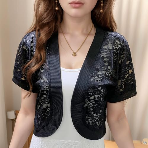 Image of FindThy Women's Cropped Bolero Shrugs Short Sleeve Open Front Floral Lace Hollow Out Cardigan Jacket