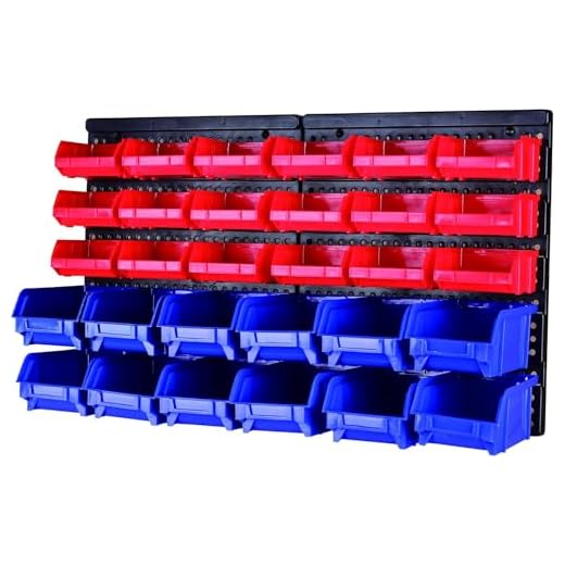 MaxWorks Wall Mount Storage Rack 30 Bin Heavy‑Duty Organizer for Nuts Bolts Screws Nails Beads Buttons and Small Parts for Garage Home and Workshop Blue and Red Bins (80694)