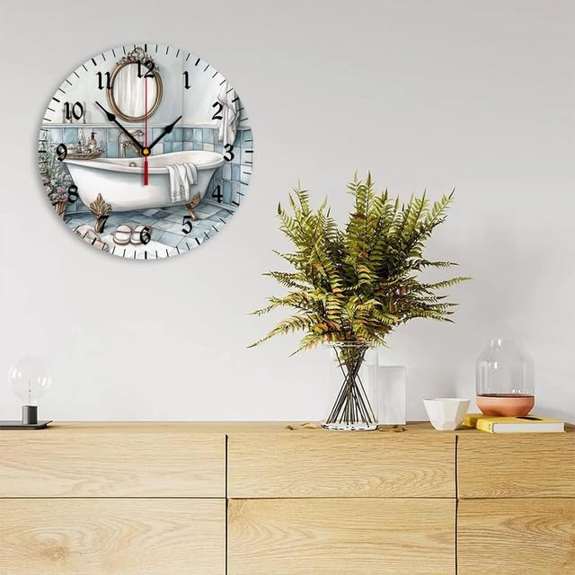 Watercolor Vintage Bathtub Battery Operated Wall Clocks 12 Inch,Vintage Bathtub,Silent Home Decor for Bathroom,Living Room,Bedroom