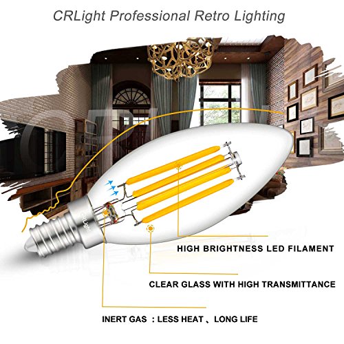 Crlight E12C35/4W30-6D 3000K Dimmable Led Candelabra Bulb 4W Soft White, 40W Equivalent 400Lm E12 Led Chandelier Bulbs, B11 Clear Glass Candle Torpedo Shape thumb #3