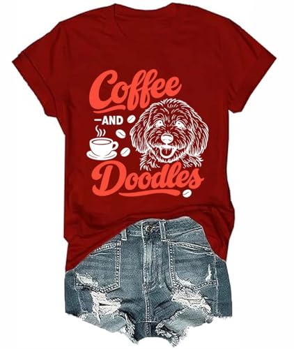 Coffee and Doodles Shirt, Funny Pet Graphic Tees Coffee and Doodles V Neck Retro Casual T-Shirt for Women Men