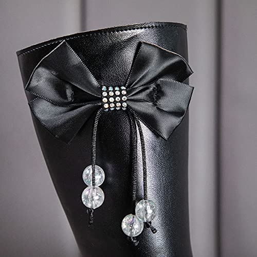 Girls Black High Boots Kids Side Zipper Chunky Bottom Low Heels Thermal Warmth Boots with Bowknot for Fall Winter4