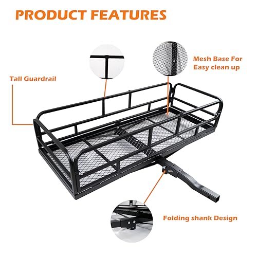 Image of fouwick 60 inch x 24 inch x 13 inch Hitch Cargo Carrier, 600 Lbs Heavy Duty Folding Luggage Rack for SUV & Truck, Steel Mesh Cargo Carrier Hitch Mount Fits 2 inch Receiver, Powder Coated Vehicle Cargo Basket