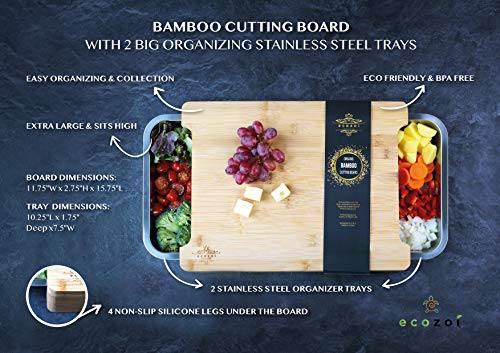 Ecozoi Bamboo Cutting Board With Containers, Large Wood Cutting Board With Slide Out Trays, Eco Friendly Space Saver And Non Slip Chopping Board, Wooden Butcher Block With Pull Out Drawers #TOP4